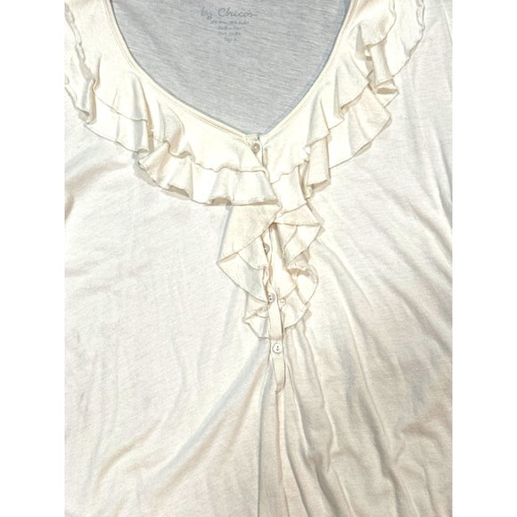 Chicos Long Sleeve Ruffled Henley Beige Button Front Blouse Elegant Feminine SZ3 - Picture 7 of 7